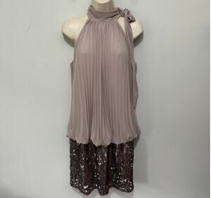 Vintage Cache Dress Large Taupe Pleated Bubble Tie Neck Sequin Cocktail Glam